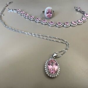 Sterling Silver Necklace, Tennis Bracelet and Ring with Simulated Morganite